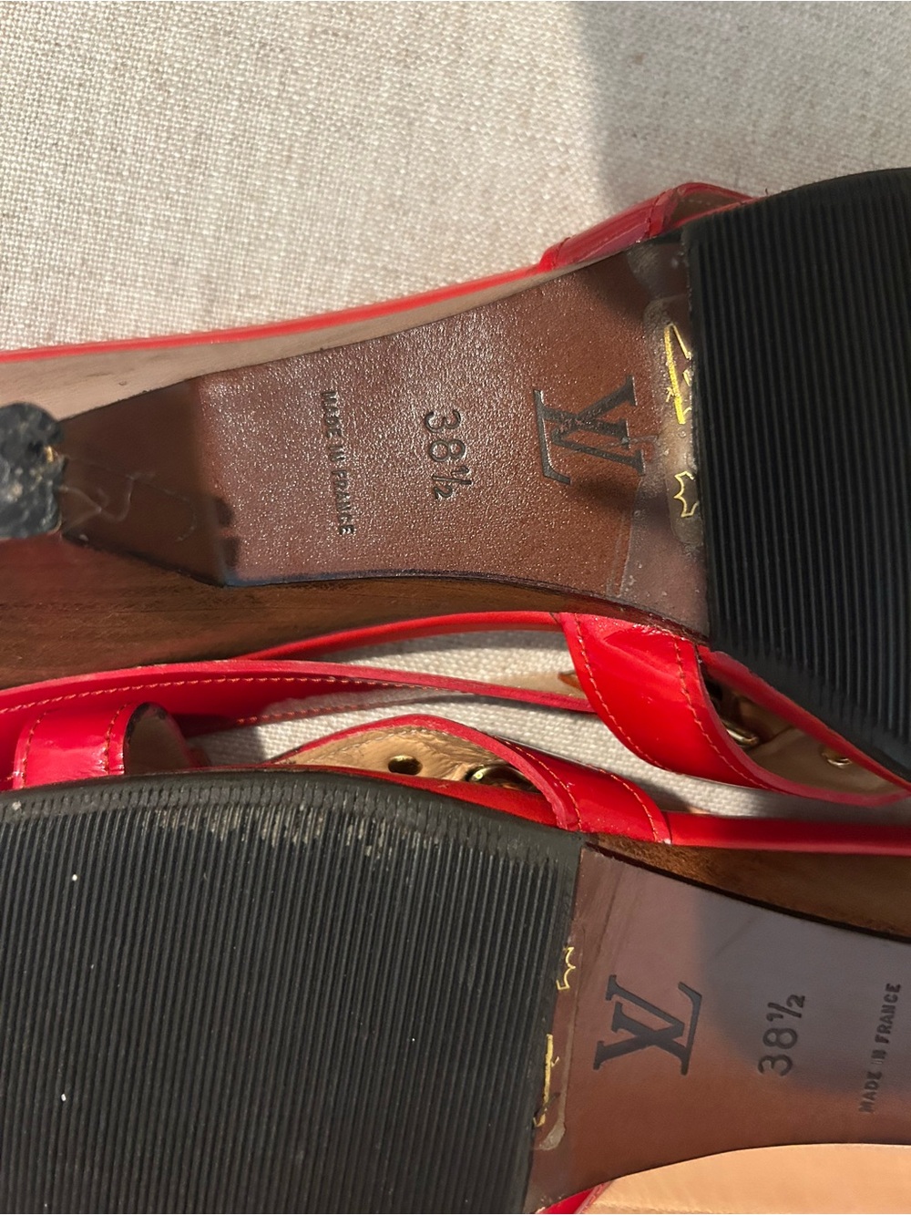 Louis Vuitton Patent Leather Red Slingback Sandals with Gold Accents - Picture 4 of 8